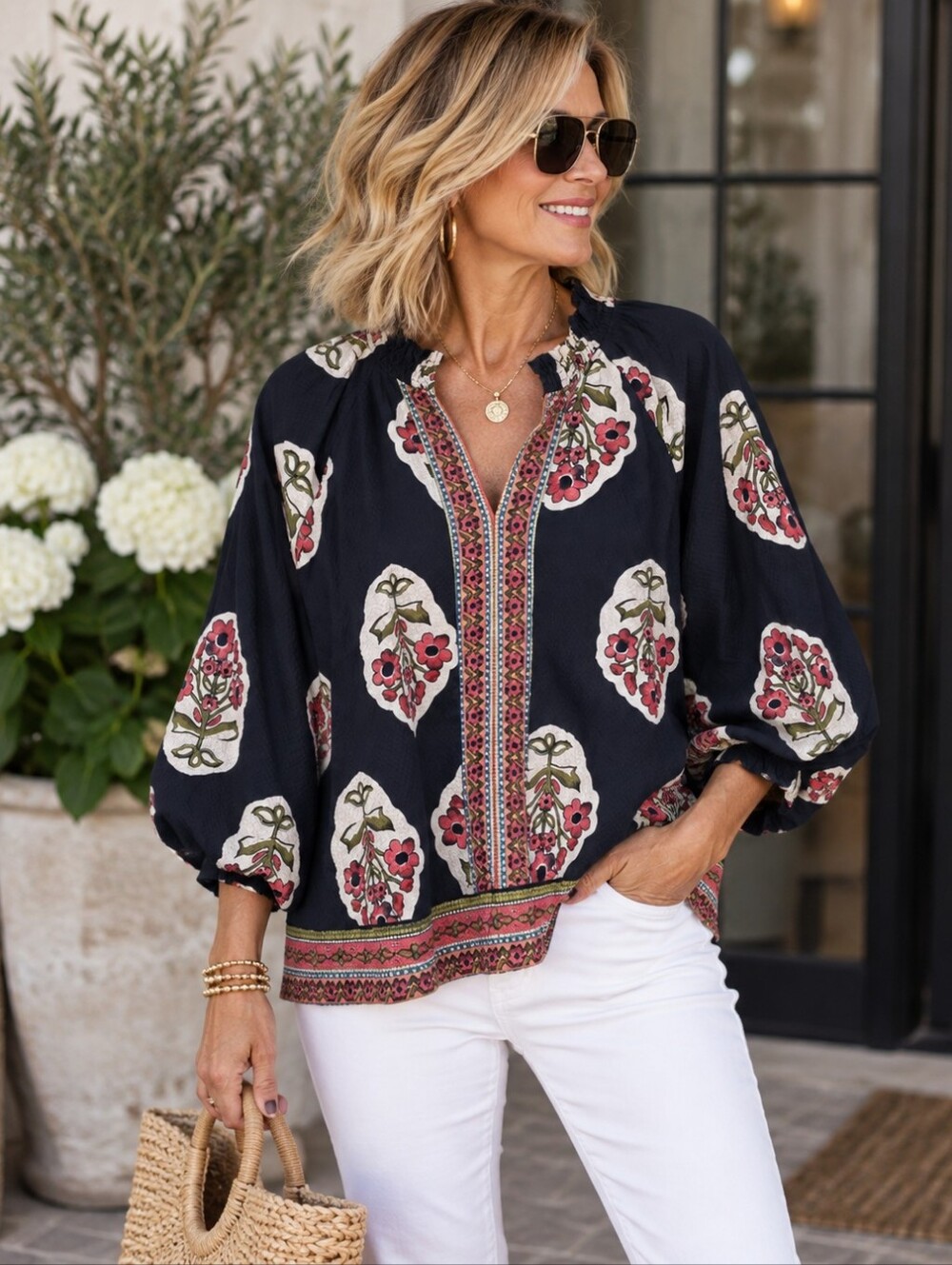Umgee Floral Boho Print Baloon Sleeve Pullover Blouse Sz MEDIUM